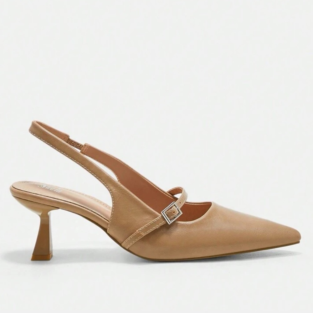 Buckle detail slingback beige / nude kitten heel pumps - Picture 6 of 7